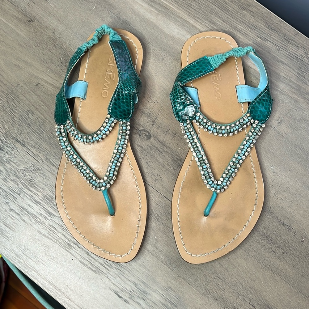Bedazzled Bling Reptile Skin Teal Thong Sandal with Elastic Ankle Strap